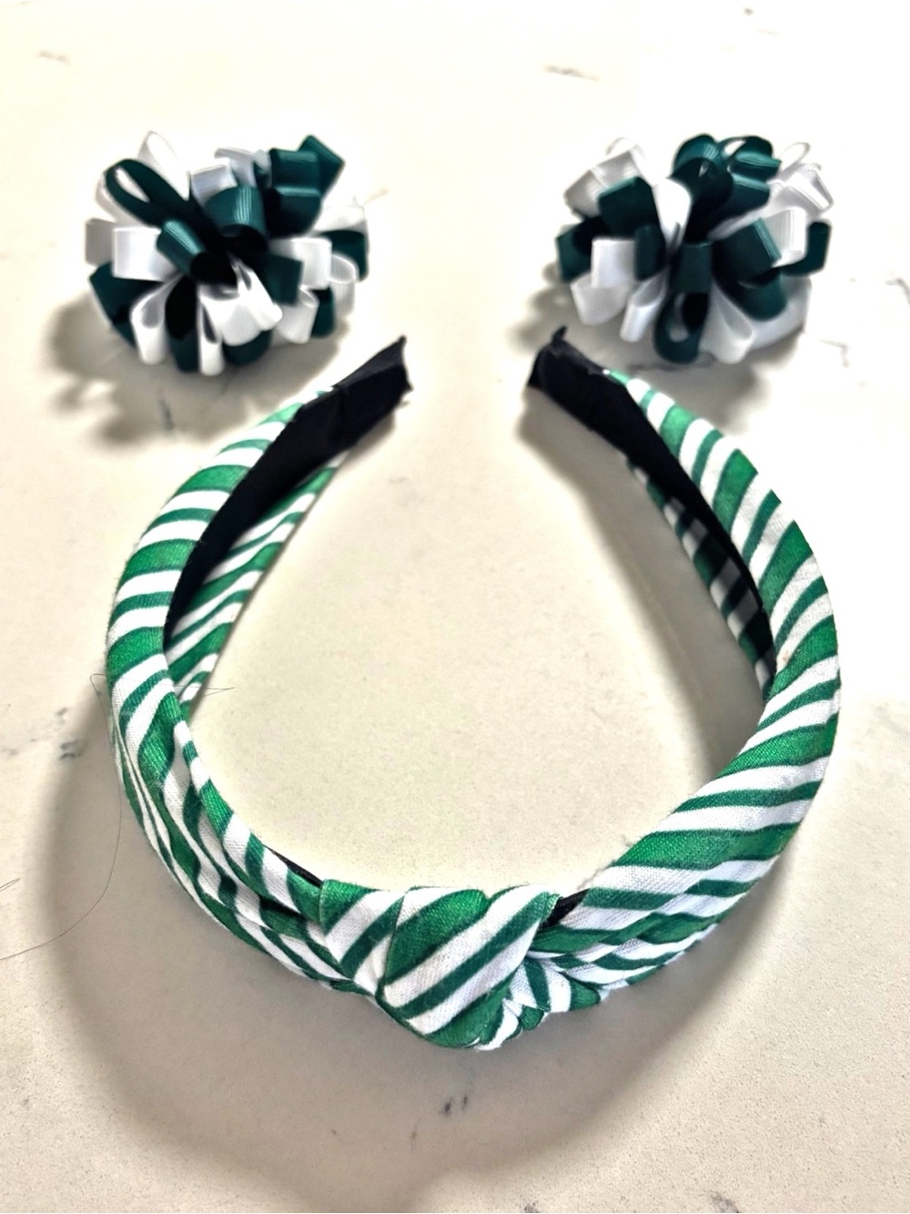 Kids Green & White Striped Headband with Matching Hair Bows